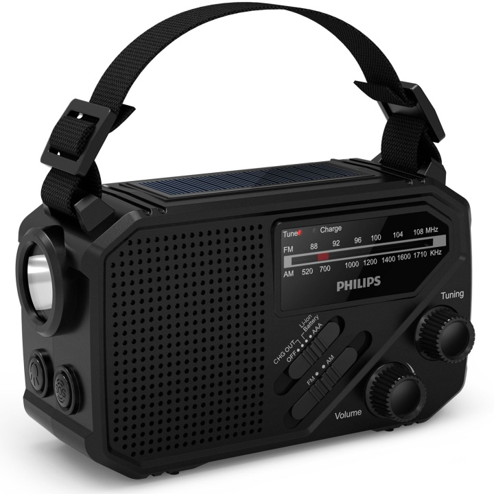 Philips Radio AM/FM Vevradio Solcell Ficklampa Svart i gruppen Elektronikk / Lyd & Bilde / Hjemmekino, HiFi og bærbar / Radio & Vekkerklokker / Radio hos TP E-commerce Nordic AB (D24741)