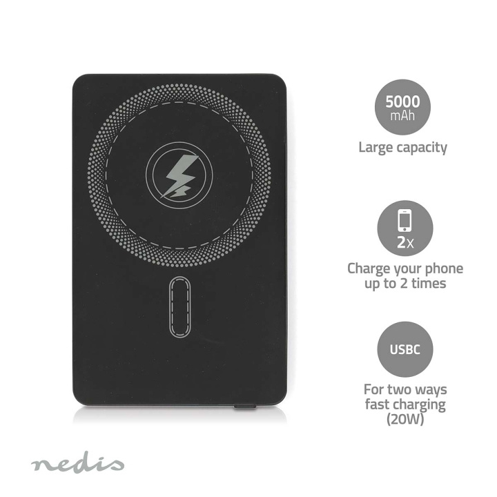 Nedis Power Bank | 5000 mAh | 20 W | Trådløs ladeeffekt: 15 W | 1.67 / 2.22 / 3.0 A | Enhetens strømuttak: 1x USB-C™ | Enhetens inngangsforbindelse ®: 1x USB-C™ | Lithium-Polymer