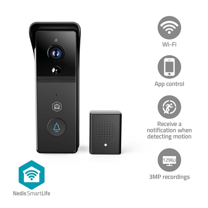 Nedis SmartLife Video Dør Telefon | Batteri drevet | 3MP Full HD 1296p | Cloud Storage (valgfritt) / microSD (ikke inkludert) | IP44 | Med bevegelses sensor | Nattsyn | Sort i gruppen HJEM, HUS OG HAGE / Alarm, Sikkerhet og overvåking / Dørklokker hos TP E-commerce Nordic AB (D24980)