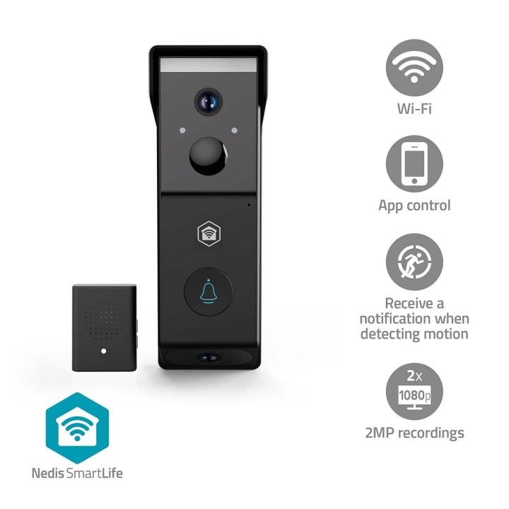 Nedis SmartLife Video Dør Telefon | Batteri drevet | 2x Full HD 1080p | Cloud Storage (valgfritt) / microSD (ikke inkludert) | IP54 | Med bevegelses sensor | Nattsyn | Sort i gruppen HJEM, HUS OG HAGE / Alarm, Sikkerhet og overvåking / Dørklokker hos TP E-commerce Nordic AB (D24981)
