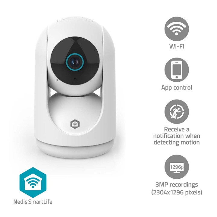 Nedis SmartLife Innendørs kamera | 3MP Full HD 1296p | Panorering og vipping | Cloud Storage (valgfritt) / microSD (ikke inkludert) / Onvif | Med bevegelses sensor | Nattsyn | Hvit i gruppen HJEM, HUS OG HAGE / Alarm, Sikkerhet og overvåking / Overvåkingskameraer / Digitalt (nettverk) / Innendørs kameraer hos TP E-commerce Nordic AB (D24995)