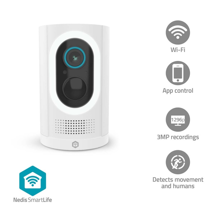Nedis SmartLife Utendørs kamera | Wi-Fi | Søkelys | 3MP Full HD 1296p | IP65 | Maks. batteri levetid: 6 Måned | Cloud Storage (valgfritt) / microSD (ikke inkludert) | 5 V DC | Med bevegelses sensor | Nattsyn | Hvit i gruppen HJEM, HUS OG HAGE / Alarm, Sikkerhet og overvåking / Overvåkingskameraer / Digitalt (nettverk) / Utendørs kameraer hos TP E-commerce Nordic AB (D25014)