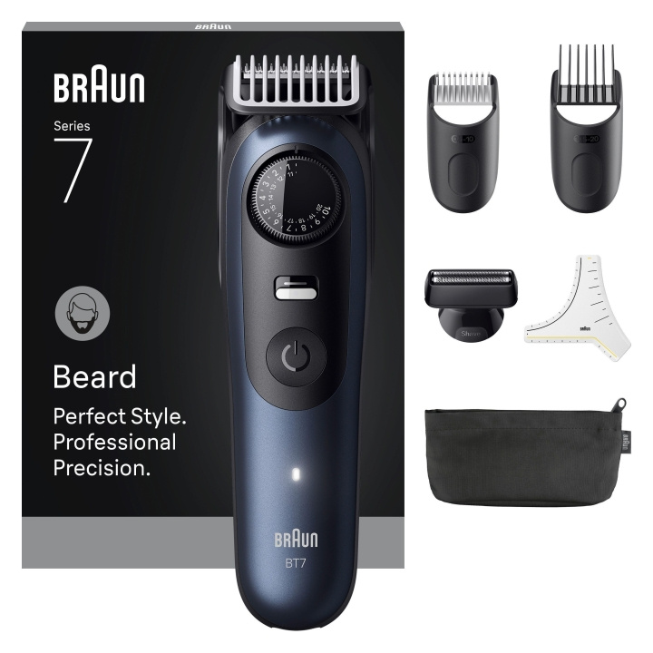 Braun Skjeggtrimmer Series 7, +6 barberingsverktøy, BT7520 - Svart / Deep Blue i gruppen HELSE OG SKJØNNHET / Hår & styling / Barbering og trimming / Hårtrimmere hos TP E-commerce Nordic AB (D28474)