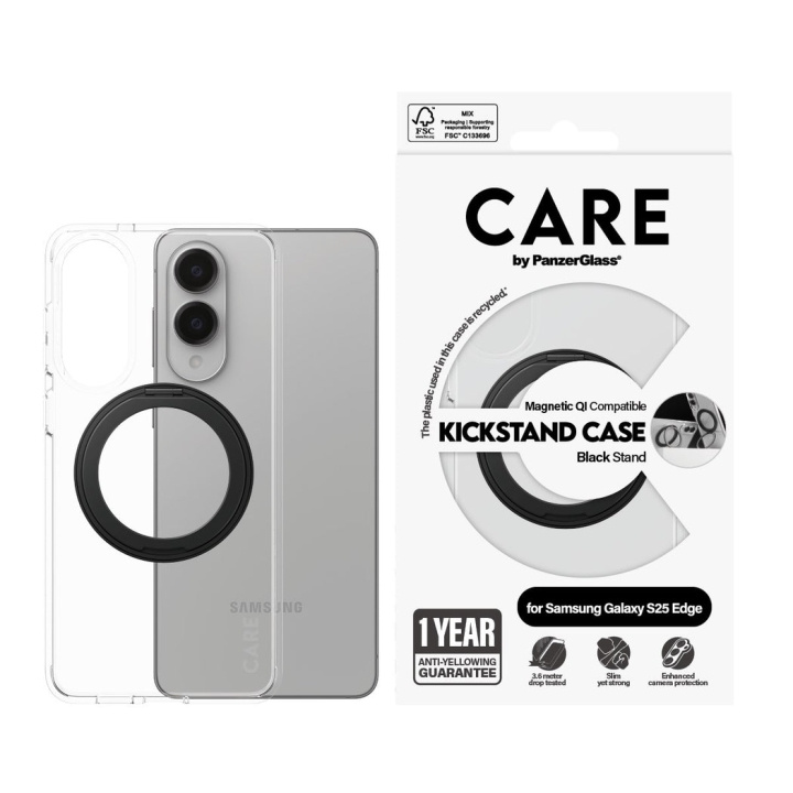 Panzer CARE by PanzerGlass - Feature Case Transparent m. Sort Kickstand & Qi Kompatibel Samsung S25 Edge i gruppen SMARTTELEFON & NETTBRETT / Mobilbeskyttelse / Samsung hos TP E-commerce Nordic AB (D28639)