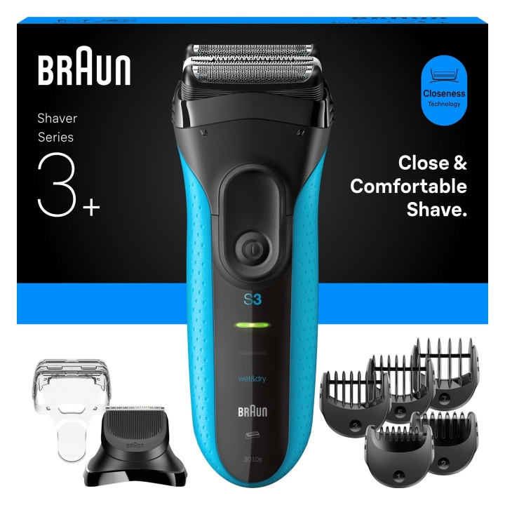 Braun Series 3+ elektrisk barbermaskin med skjeggtrimmertilbehør, våt- og tørrbarbering - 3010BT - Blå i gruppen HELSE OG SKJØNNHET / Hår & styling / Barbering og trimming / Barbermaskiner hos TP E-commerce Nordic AB (D28943)