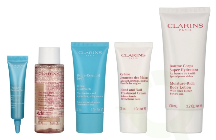 Clarins Head - To -Toe Moisturizing Essentials Set 217 ml Eau Micellaire 50ml/Total Eye gel 7ml/Silky Cream 30ml/Hand And Nail Cream 30ml/Body Lotion 100m i gruppen HELSE OG SKJØNNHET / Hudpleie / Ansikt / Dagkrem hos TP E-commerce Nordic AB (D29596)