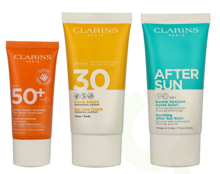 Clarins Summer Essentials Set 180 ml Youth-protecting Sunscreen SPF50+ Face 30ml/Sun Care Cream Body SPF30 75ml/Soothing After Sun Balm 75ml i gruppen HELSE OG SKJØNNHET / Hudpleie / Soling / Solkrem hos TP E-commerce Nordic AB (D29597)