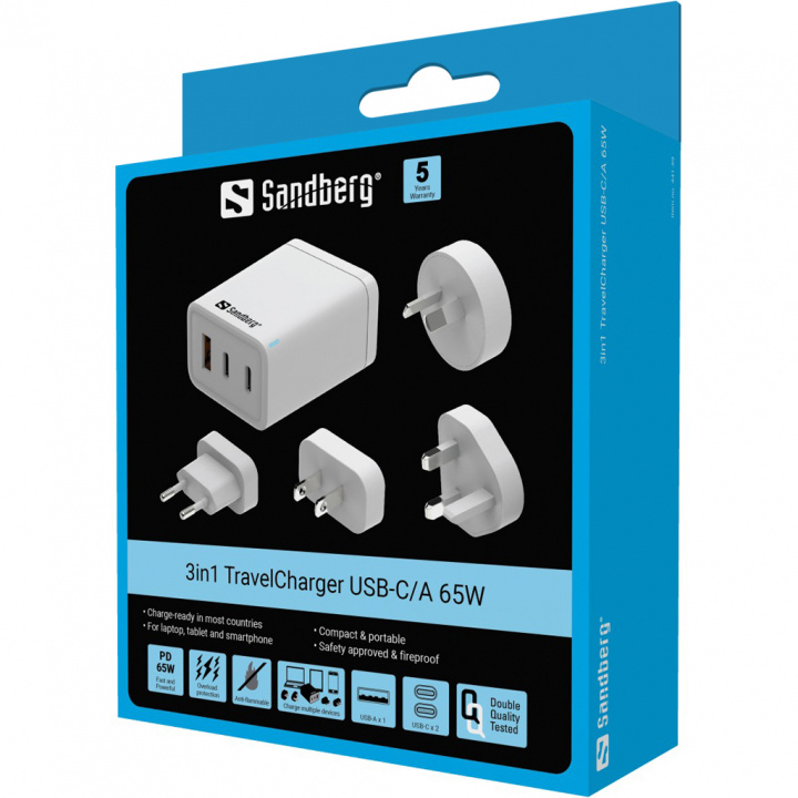 Sandberg 3in1 reiselader USB-C/A 65W i gruppen HJEM, HUS OG HAGE / El og belysning / Reiseadaptere hos TP E-commerce Nordic AB (D30376)