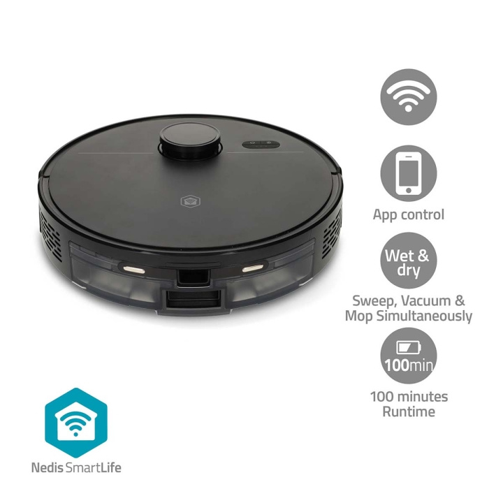 Nedis SmartLife Robot Støvsuger | Lasernavigasjon | Wi-Fi | Kapasitet Collection Reservoir: 0.59 l | Automatsik lading | Maksimal driftstid: 1.75 timer | Sort | Android™ / IOS i gruppen HJEM, HUS OG HAGE / Rengjøringsprodukter / Støvsugere og tilbehør / Robotstøvsugere hos TP E-commerce Nordic AB (D30540)