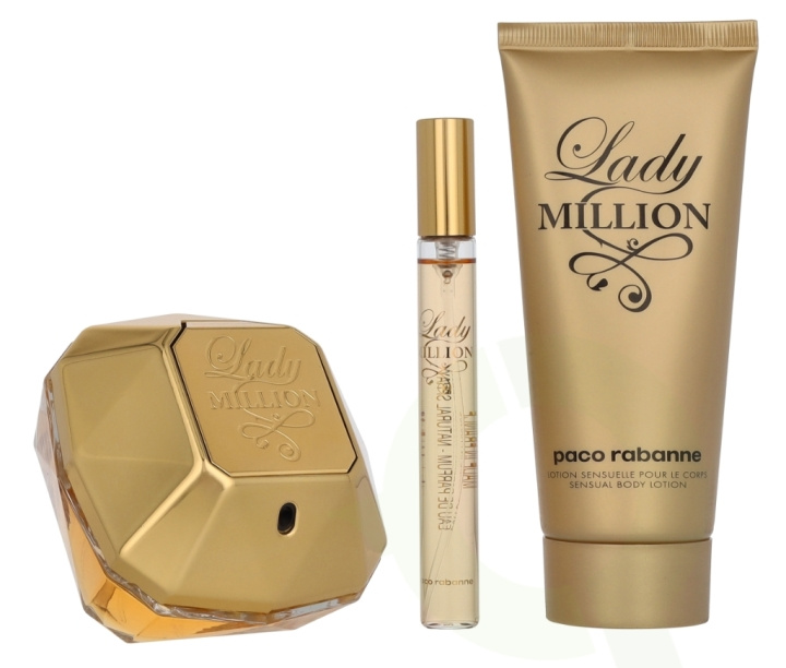 Paco Rabanne Lady Million Giftset 190 ml Edp Spray 80ml/Body Lotion 100ml/Edp Spray 10ml i gruppen HELSE OG SKJØNNHET / Duft og parfyme / Parfyme / Parfymebokser hos TP E-commerce Nordic AB (D30700)