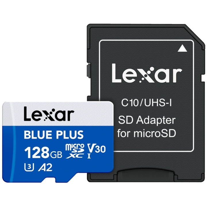 Lexar MicroSDHC Blue Plus UHS-I med SD-adapter 128 GB i gruppen Elektronikk / Lagringsmedia / Minnekort / MicroSD/HC/XC hos TP E-commerce Nordic AB (D31338)