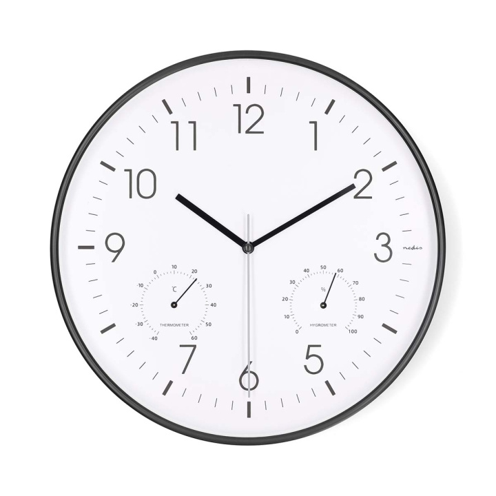 Nedis Veggur | Diameter: 300 mm | Plast | Stille bevegelse | Termometer | Hygrometer | Hvit / Sort i gruppen HJEM, HUS OG HAGE / Klokker & Teller / Veggklokkene hos TP E-commerce Nordic AB (D32002)