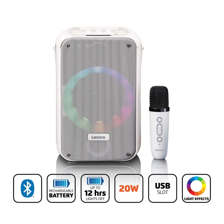 Lenco Karaokesystem med Bluetooth®, oppladbart batteri, trådløs karaokemikrofon og LED-belysning Hvit i gruppen Elektronikk / Lyd & Bilde / Høyttalere & tilbehør / Bluetooth-høyttalere / Bærbare høyttalere hos TP E-commerce Nordic AB (D32152)