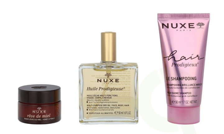 Nuxe The Iconics Giftset 115 ml Huile Prodigieuse 50ml/Honey Lip Balm 15g/High Shine Shampoo 50ml i gruppen HELSE OG SKJØNNHET / Gavesett / Gavesett for henne hos TP E-commerce Nordic AB (D32929)