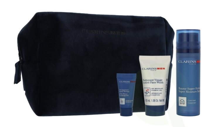 Clarins Men Set 83 ml Super Moisture Balm 50 ml / Active Face Wash 30 ml / Sample Shave Oil 3 ml / Men Pouch i gruppen HELSE OG SKJØNNHET / Gavesett / Gavesett for ham hos TP E-commerce Nordic AB (D33513)