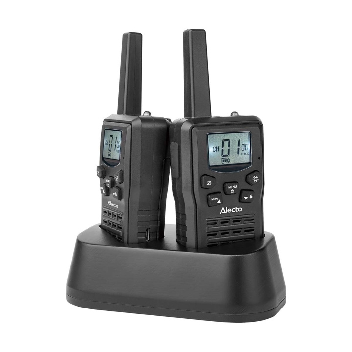 Alecto Walkie-Talkie-sett | 2 håndsett | Opp til 10 km | Frekvenskanaler: 8 | PTT / VOX | 24 timers standby | Ladestasjon inkludert | Hodetelefonutgang | Svart i gruppen SPORT, FRITID & HOBBY / Friluftsliv / Walkie talkie hos TP E-commerce Nordic AB (D34913)
