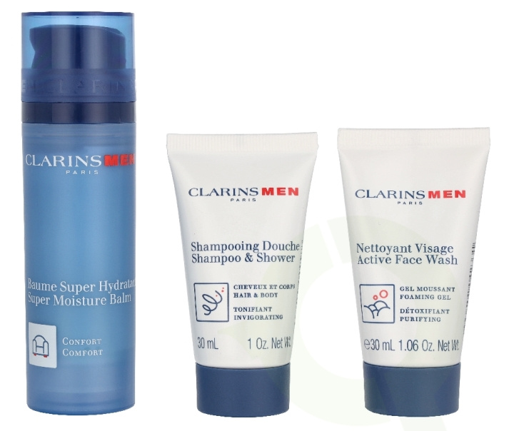 Clarins Men Hydration Essentials Set 110.9 ml Super Moisture Balm 50ml/Shampoo & Shower Gel 30ml/Facial Cleanser 30ml/Double Serum Eye 0,9ml i gruppen HELSE OG SKJØNNHET / Hudpleie / Kroppspleie / Bad- og dusjkrem hos TP E-commerce Nordic AB (D35858)
