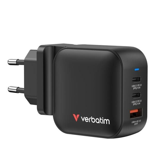 Verbatim Mini GaN-lader 70 W, 3 porter, US-stikkontakt med EU- og UK-adaptere i gruppen SMARTTELEFON & NETTBRETT / Ladere og Kabler / Vegglader hos TP E-commerce Nordic AB (D38306)