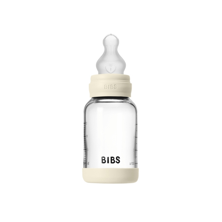 BIBS Glassflaske til baby, rund, med silikon, 1 stk., 120 ml, langsom strømning – elfenben – 120 ml i gruppen LEKER, BARN OG BABY / Spise & drikke hos TP E-commerce Nordic AB (D42657)