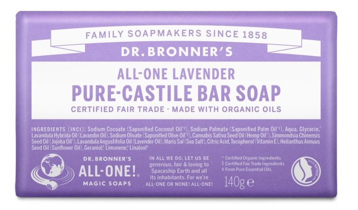Dr. Bronner\'s Dr. Bronner\'s – Lavendel-såpestykke 140 g i gruppen HELSE OG SKJØNNHET / Hudpleie / Kroppspleie / Duftsåpe hos TP E-commerce Nordic AB (D43305)