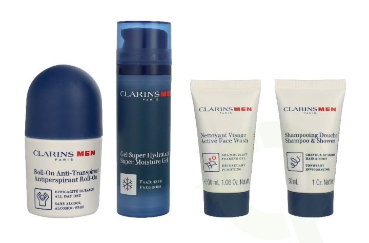 Clarins Men Grooming Essentials Travel Set 163 ml Shampoo & Shower 30ml/Face Wash 30ml/Gel 50ml/Antitranspirant Roll On 50ml/Eye Gel 3ml i gruppen HELSE OG SKJØNNHET / Gavesett / Gavesett for ham hos TP E-commerce Nordic AB (D44076)