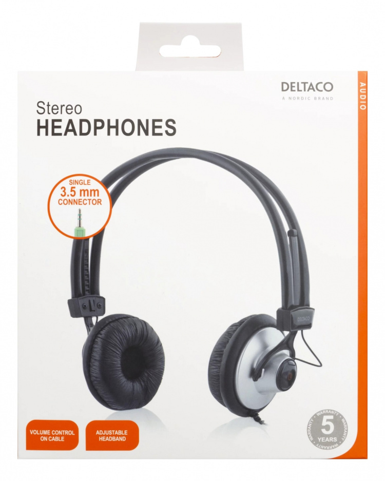 DELTACO hodetelefoner med volumkontroll 2,2m kabel