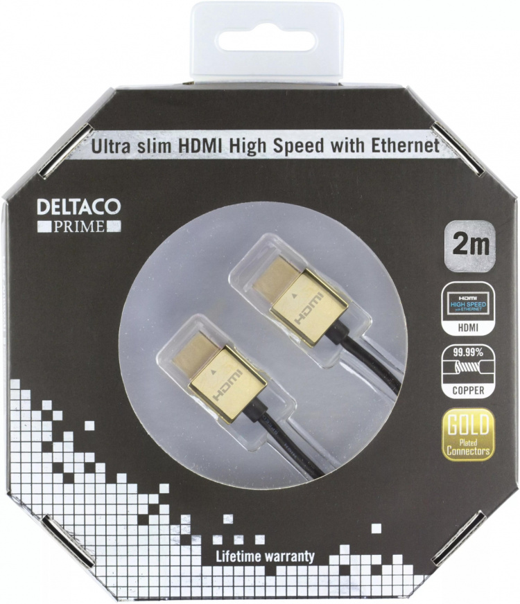 DELTACO PRIME tynn HDMI-kabel med gullbelagte zink-kontakter, 2m DELTACO PRIME tynn HDMI-kabel med gullbelagte zink-kontakter, 2m
