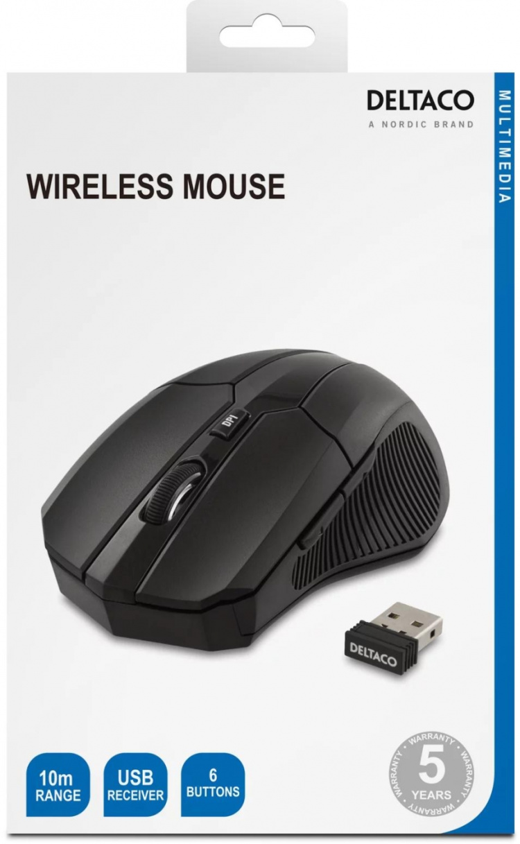 DELTACO trådløs optisk mus, 5 knapper med scroll, DPI-val, USB, svar