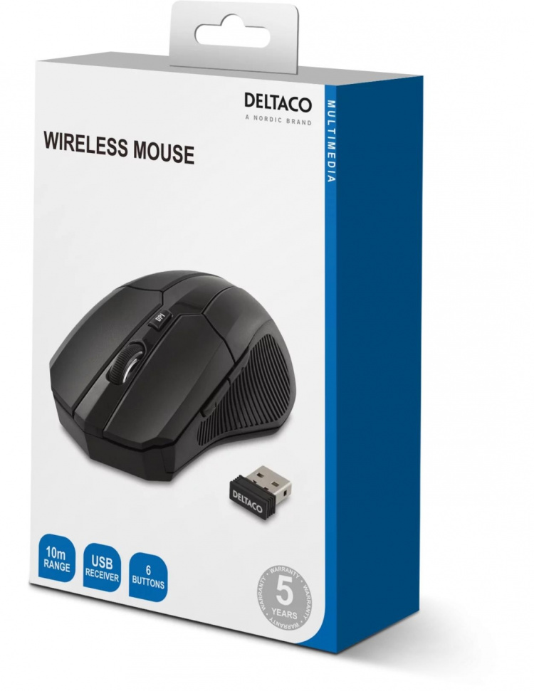 DELTACO trådløs optisk mus, 5 knapper med scroll, DPI-val, USB, svar
