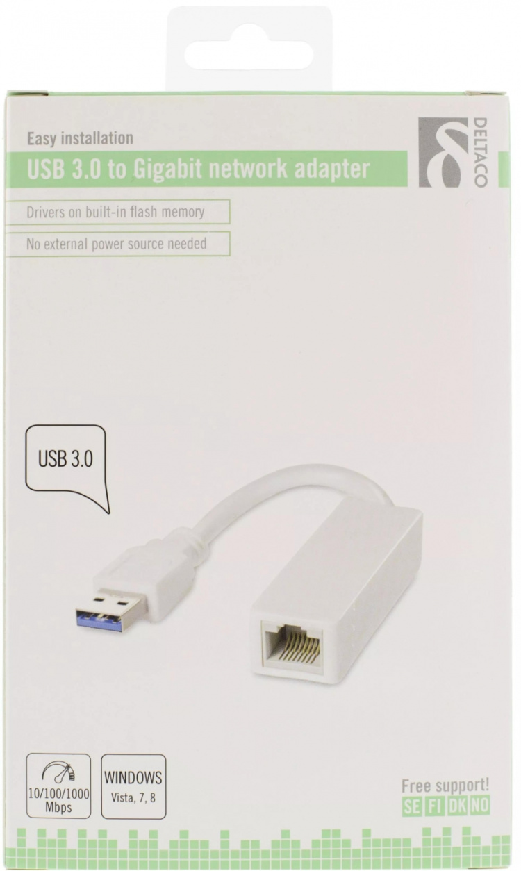 DELTACO USB 3.0 nettverksadapter, gigabit, 1xRJ45, hvit