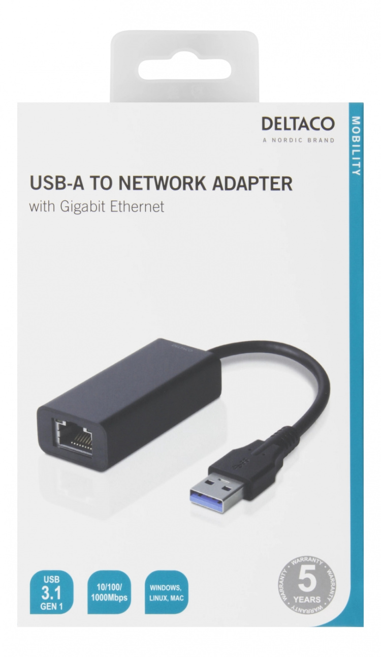DELTACO USB 3.0 nettverksadapter, gigabit, 1xRJ45, svart DELTACO USB 3.0 nettverksadapter, gigabit, 1xRJ45, svart