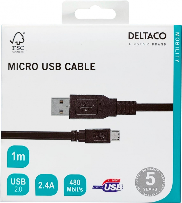 DELTACO USB 2.0 kabel Typ A ha - Typ Micro B ha, 5-pin, 1m, svart