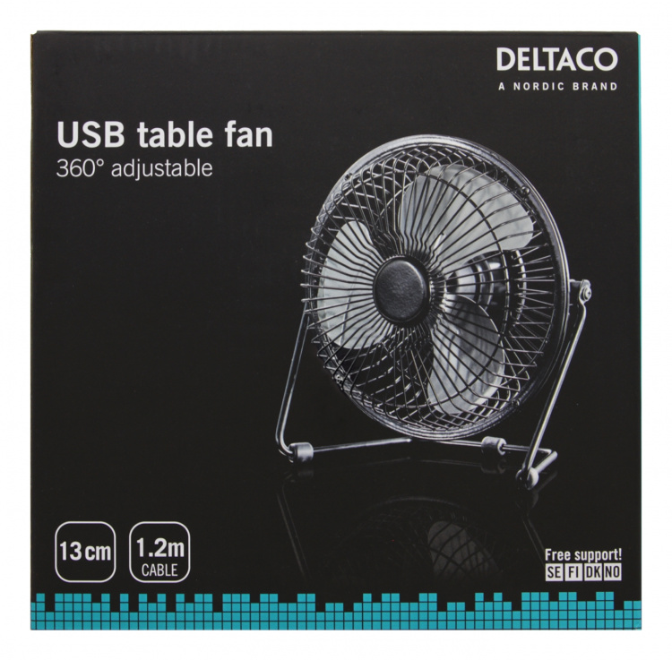 DELTACO USB-vifte, 13cm, bordmodell, 1x USB Type A ma, svart