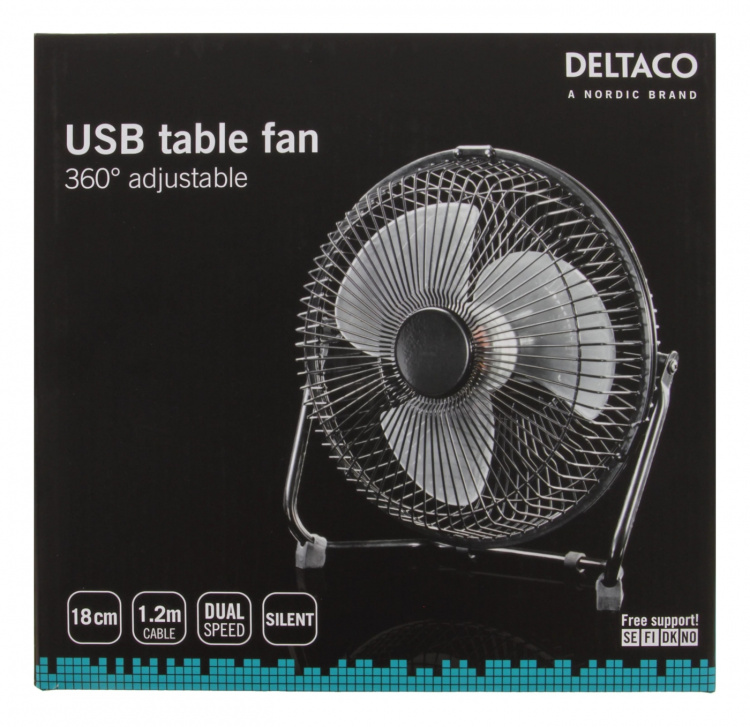 DELTACO USB-vifte, 18cm, bordmodell, 1x USB Type A ma, svart