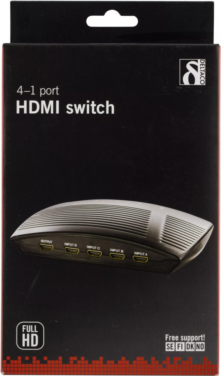 DELTACO manuell HDMI-bryter, 4 innganger til én utgang, 19-pinners hunn (HDMI-206)