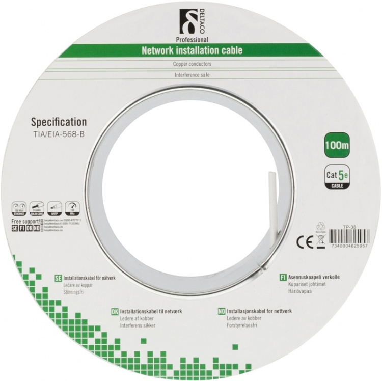 DELTACO UTP installasjonskabel Cat5e 100m rull,hvit DELTACO UTP installasjonskabel Cat5e 100m rull,hvit