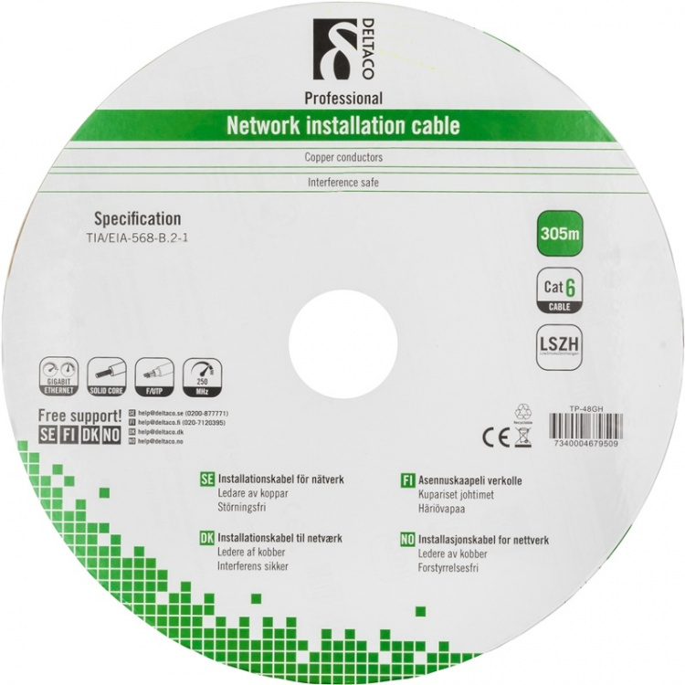 DELTACO LSZH FTP installasjonskabel, Cat6, 305m, hvit