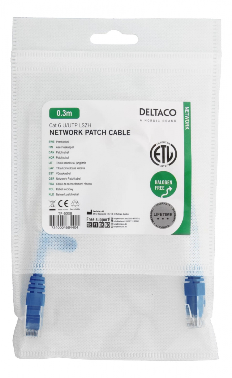 DELTACO UTP Cat6 patchkabel 0,3m, blå