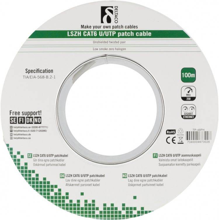 DELTACO UTP patchkabel, LSZH, Cat6, 100m