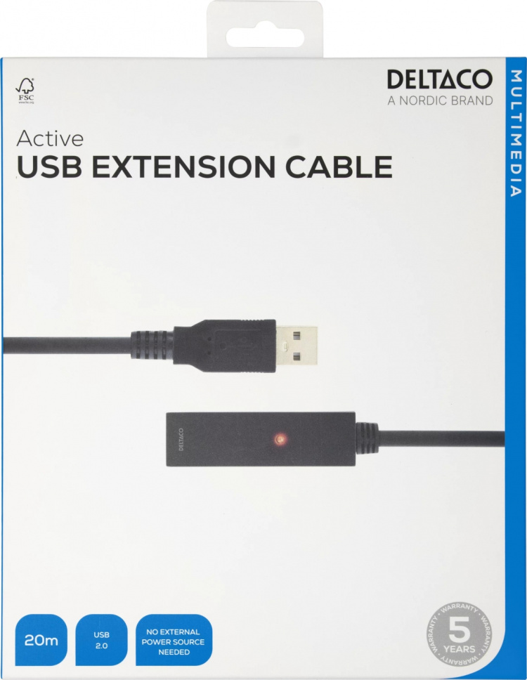 DELTACO USB forlengningskabel, aktiv,USB 2.0,20m