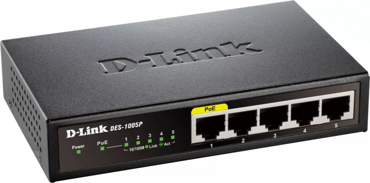 D-Link 5-port Fast Ethernet PoE-bryter for skrivebord (DES-1005P)