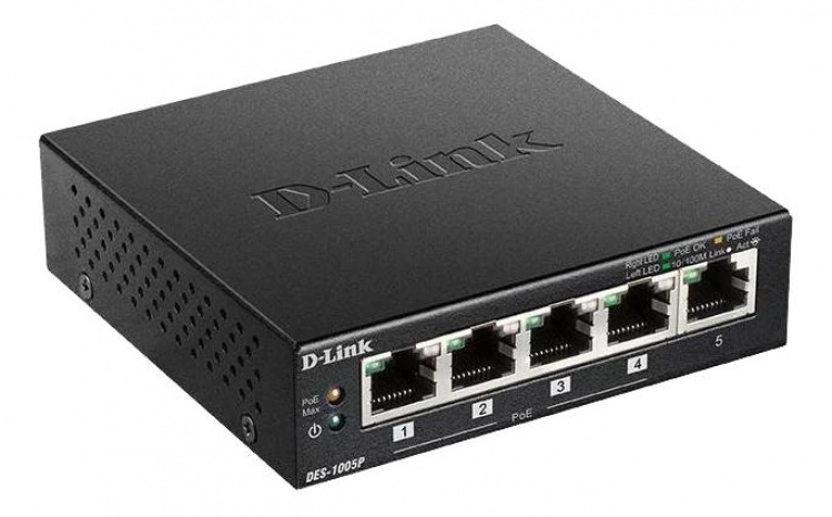 D-Link 5-port Fast Ethernet PoE-bryter for skrivebord (DES-1005P)
