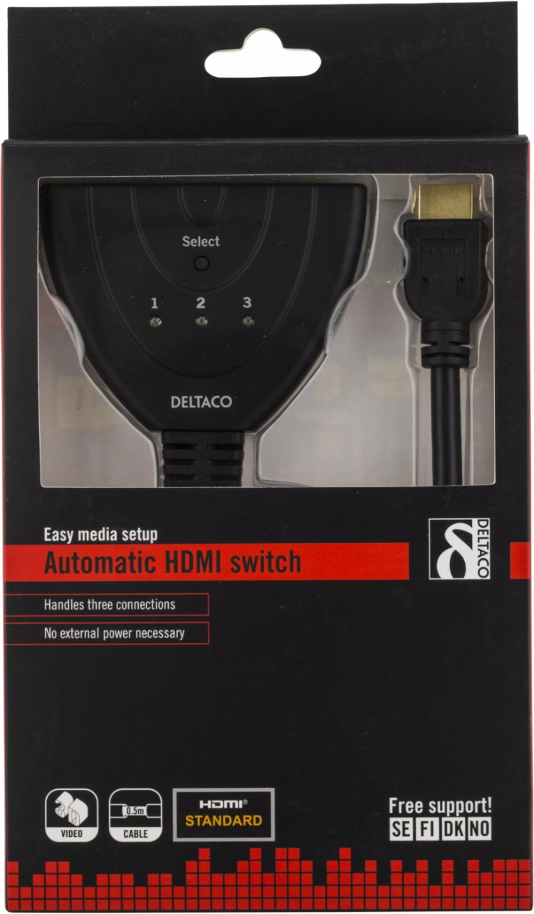 DELTACO HDMI Pigtail Switch, automatisk/manuell HDMI-bryter, tre til én, sv (HDMI-7001) DELTACO HDMI Pigtail Switch, automatisk/manuell HDMI-bryter, tre til én, sv (HDMI-7001)