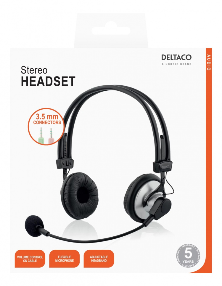 DELTACO headset med mikrofon og volumkontroll 2,m kabel,svart