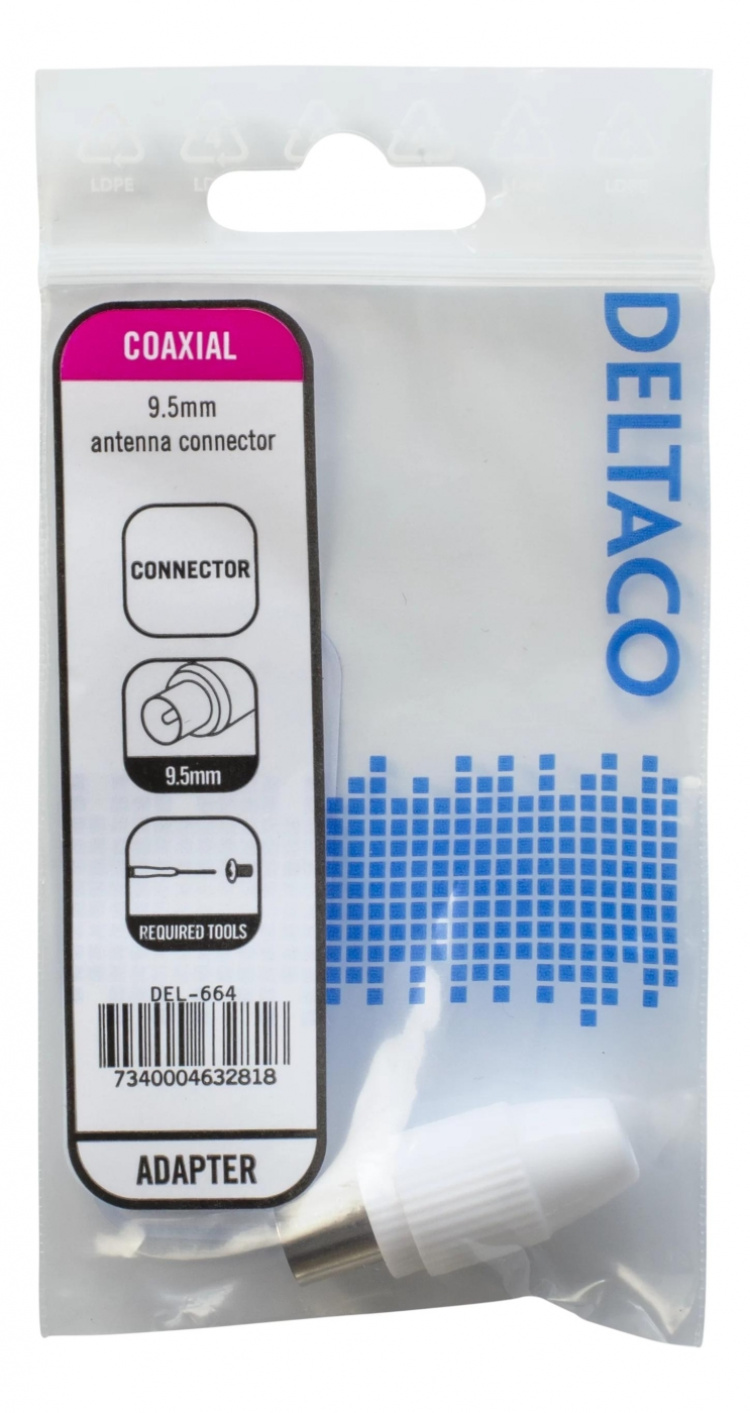 DELTACO antennekontakt, 9,5 mm hann, skruemontert, gullbelagt kont. (DEL-664)