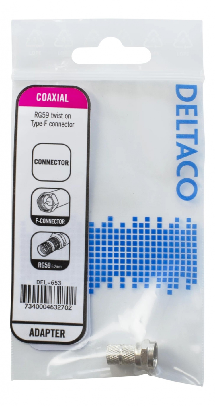 DELTACO F-kontakt, hann, 6,2 mm RG59/antennekabel, skruemontert, gullbelagte kontakter (DEL-653)