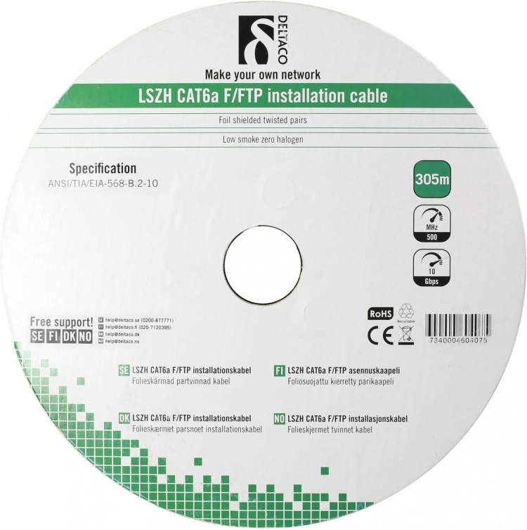 DELTACO F/FTP folieskärmad inst.kabel, Cat6a, LSZH, 305m rulle, vit DELTACO F/FTP folieskärmad inst.kabel, Cat6a, LSZH, 305m rulle, vit