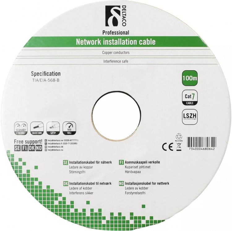 DELTACO S/FTP installationskabel Cat7, 100m, vit