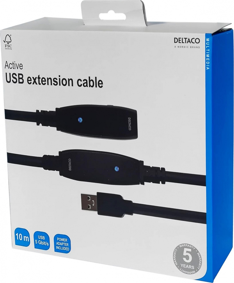 DELTACO aktiv USB 3.0-forlengelseskabel, Typ A ha - hu, 10m, svart
