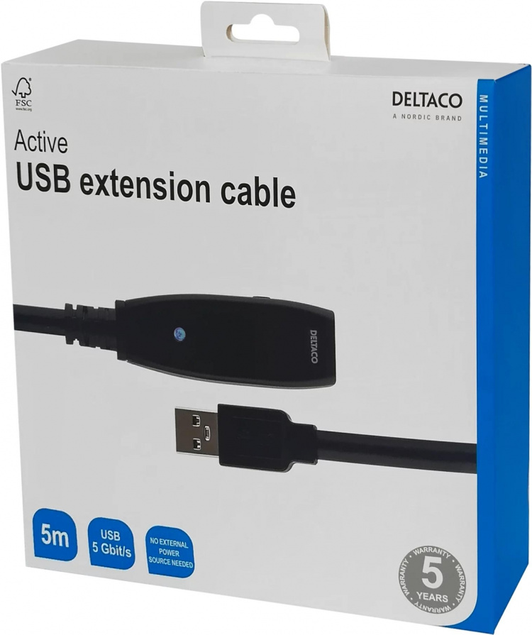 DELTACO aktiv USB 3.0-forlengelseskabel, Typ A ha - hu, 5m, blå